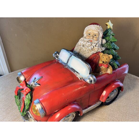 Vintage Folk Art Resin Santa Claus in Red Car w/ Christmas Tree & Bear--Large - Picture 1 of 14